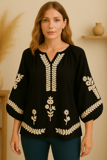 Blusa negra de algodón bordada Anais – moda boho femenina en tallas S, M y L- La Gata Voladora