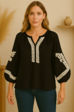 Blusa negra de algodón bordada Anais – moda boho femenina en tallas S, M y L- La Gata Voladora