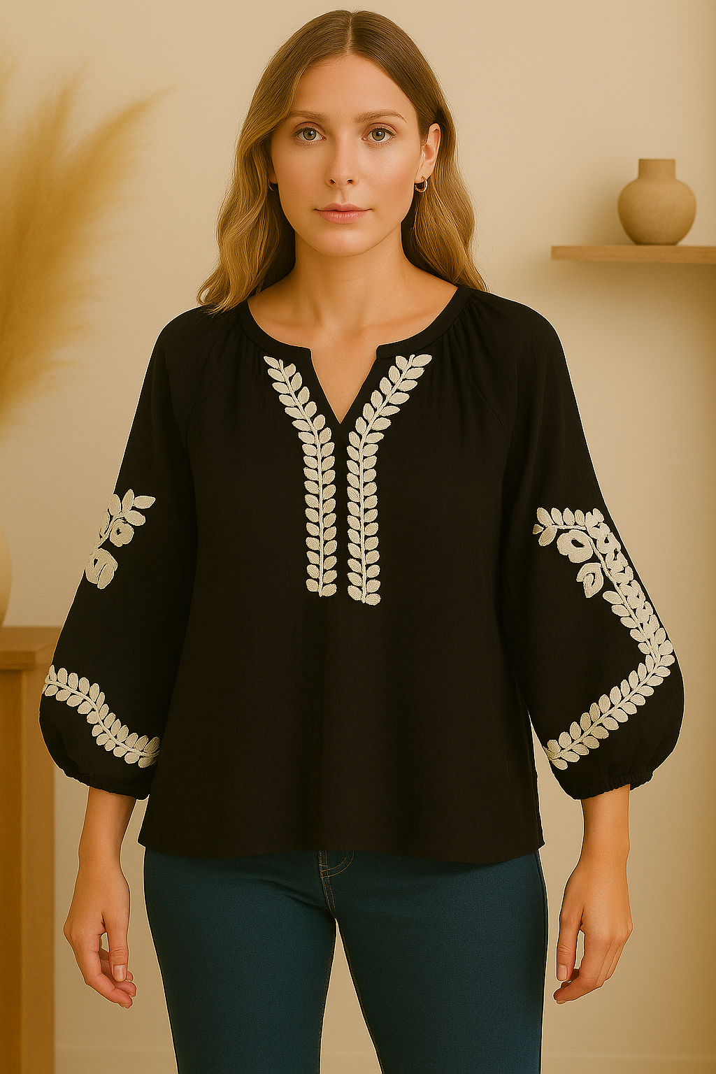 Blusa Bordada Anais negra de algodón con detalles crema – moda bohemia artesanal Blusa negra de algodón bordada Anais – moda boho femenina en tallas S, M y L- La Gata Voladora