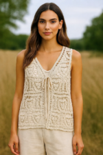 Chaleco ganchillo boho beige mujer campo natural La Gata Voladora Alpujarra Almeria