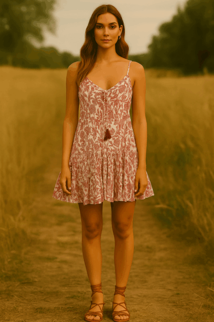 vestido corto de algodón rojo boho bohemio de tirantes estilo ibicenco - La Gata Voladora