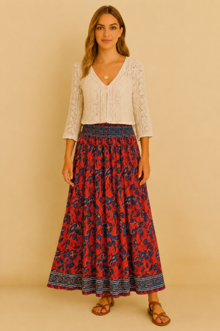 Falda de India de seda roja boho - La Gata Voladora
