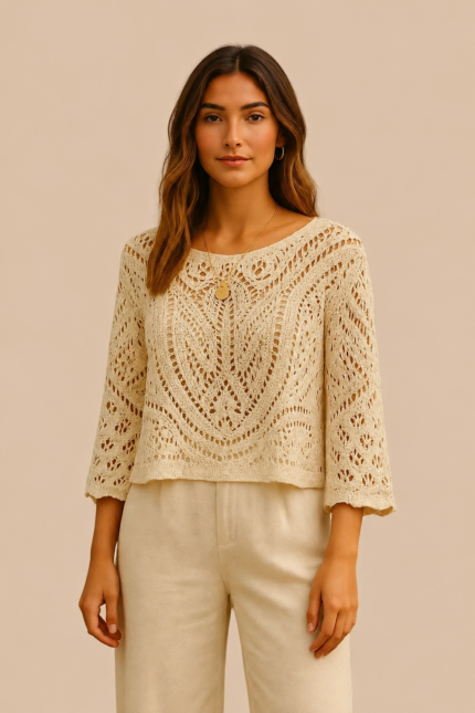 Jersey de Ganchillo Creta beige boho chic punto calado La Gata Voladora Alpujarra Almeria