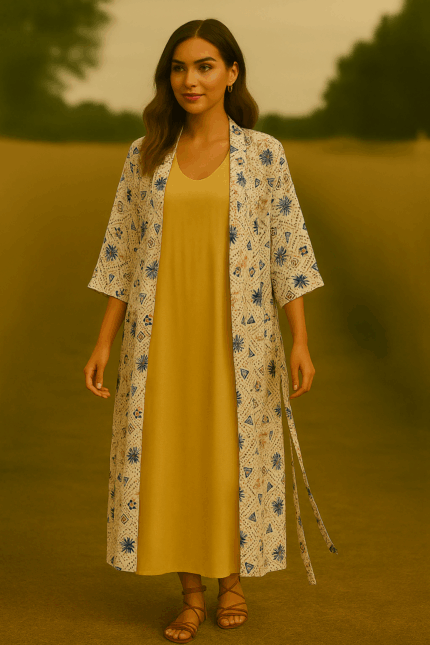 Kimono boho chic Varanasi de rayón con detalles dorados y diseño fluido elegante