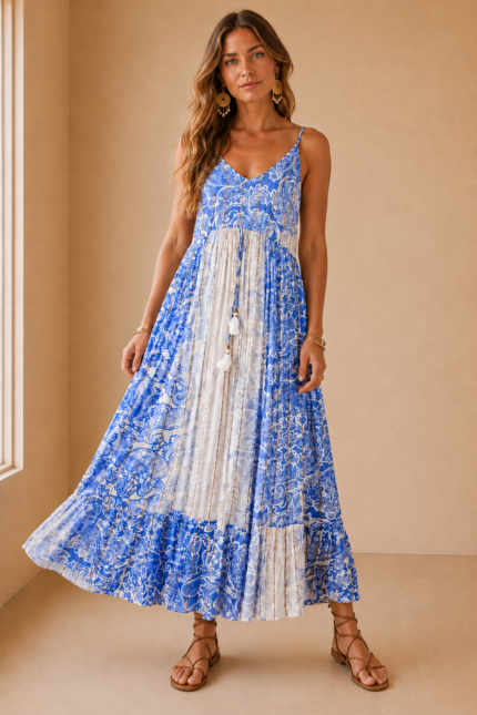 vestido algodon venus azul boho largo La Gata Voladora Alpujarra Almeria
