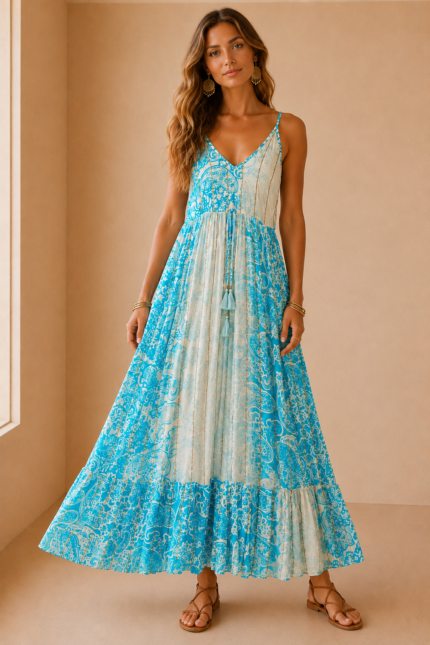 vestido algodon venus turquesa boho largo La Gata Voladora Alpujarra Almeria