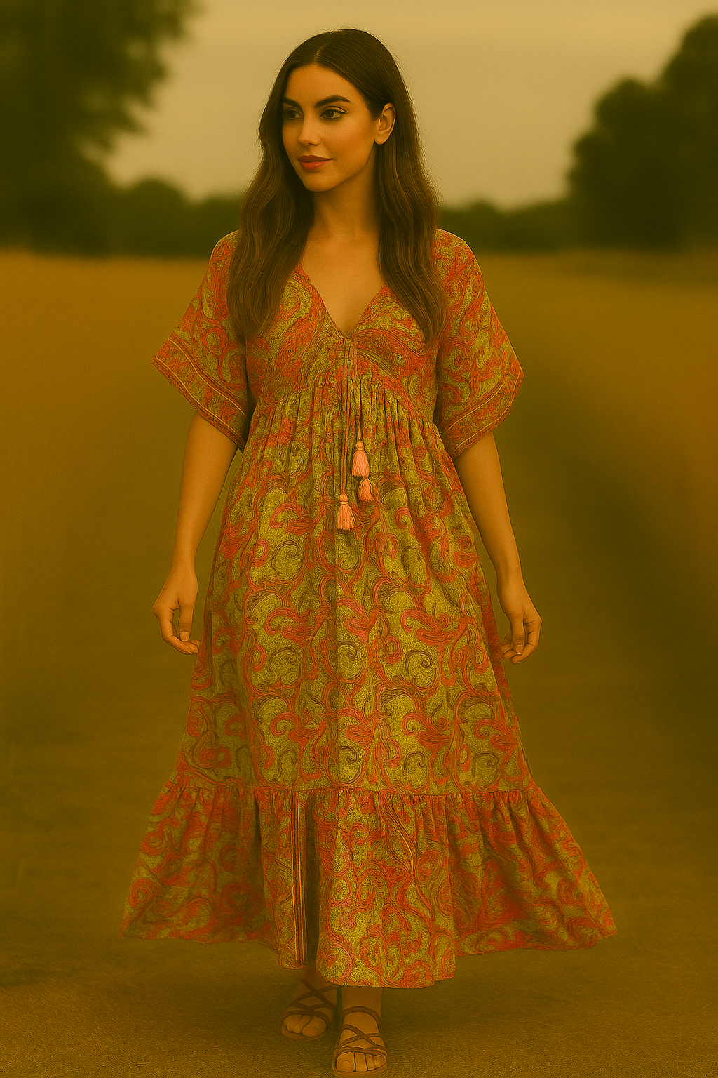 Vestido-de-Seda-Nefertiti-Gold-boho-chic-oversize vestido de seda amplio pistacho BOHO