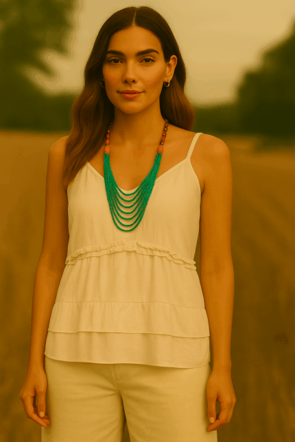 Blusa ibicenca Nannar con tirantes ajustables, volantes y detalles plateados estilo boho chic