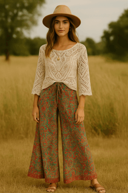 pantalón de seda boho Inanna detalles dorados - La Gata Voladora
