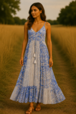 vestido largo de algodon azul Venus estilo bohemio la Gata Voladora Laujar de Andarax Alpujarra