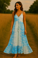 vestido largo de algodon turquesa Venus estilo bohemio la Gata Voladora Laujar de Andarax Alpujarra