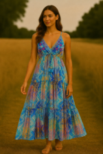 vestido bordado de algodón azul estilo bohemio La Gata Voladora Alpujarra Almeria