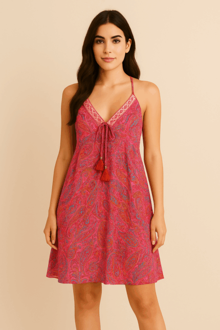 Vestido corto de seda Maya con detalles dorados y escote ajustable estilo boho chic