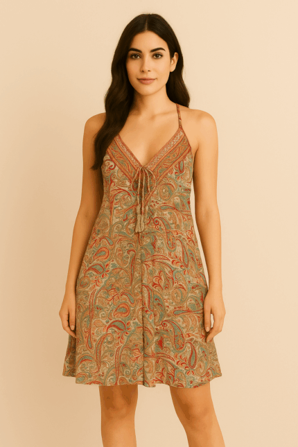 Vestido corto de seda Maya con detalles dorados y escote ajustable estilo boho chic