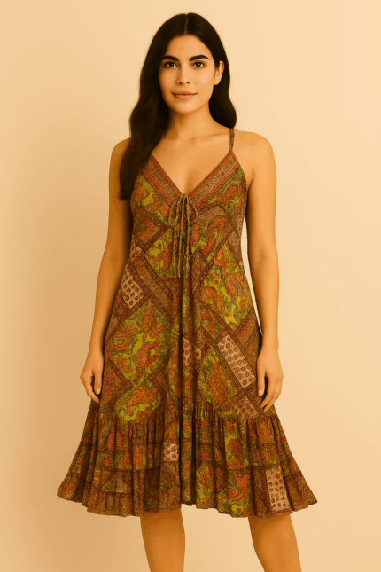 Vestido de seda Obá Obá con detalles dorados y escote ajustable estilo boho chic