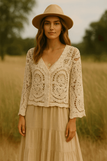 chaqueta de ganchillo algodón estilo boho - La Gata Voladora