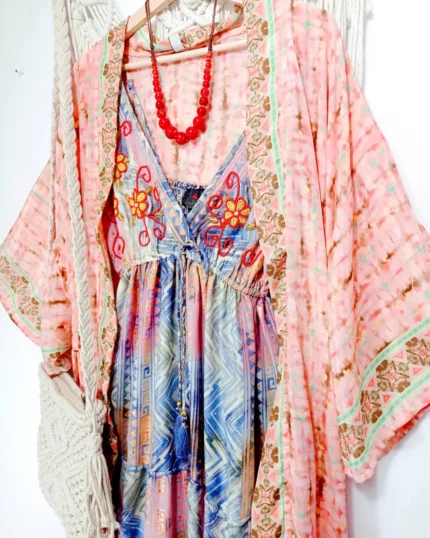 kimono de seda boho chic largo de seda con cordón ajustable - La Gata Voladora