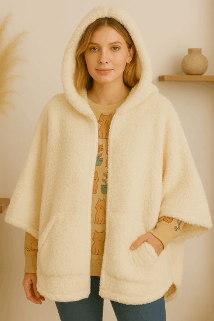 Poncho Boho Coline color blanco crudo con capucha y cremallera - La Gata Voladora