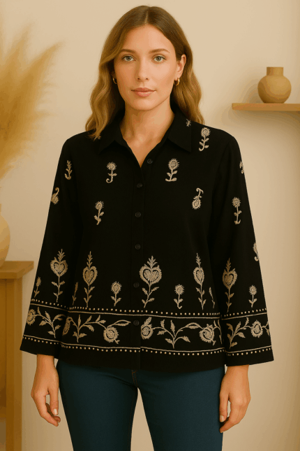Blusa Camisa negra Bordada boho chic - La Gata Voladora