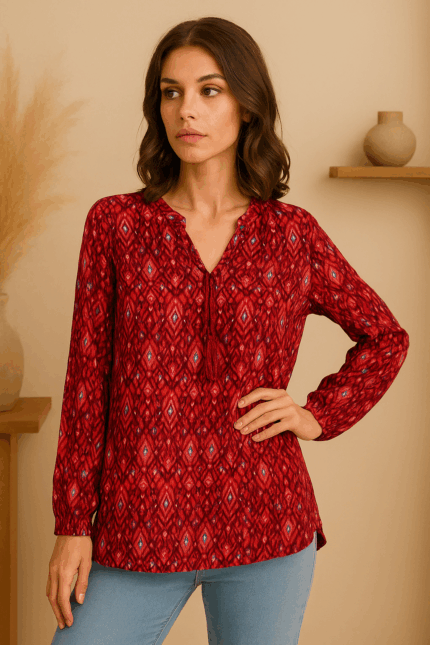 Blusa Sira Coline color frambuesa con estampado étnico boho - tallas S, M y L – La Gata Voladora