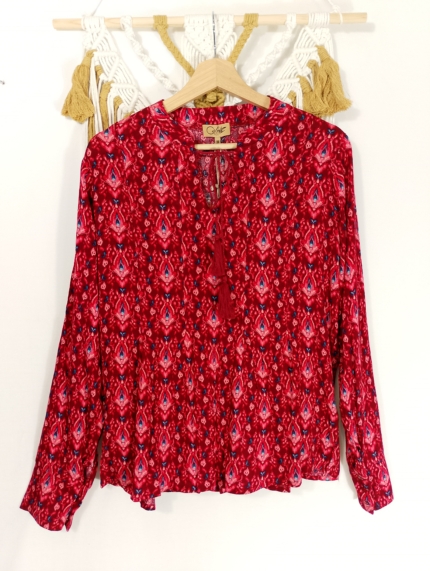Blusa Sira Coline color frambuesa con estampado étnico boho - tallas S, M y L – La Gata Voladora