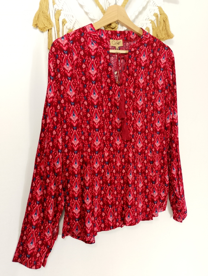 Blusa Sira Coline color frambuesa con estampado étnico boho - tallas S, M y L – La Gata Voladora