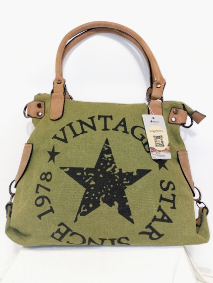 Bolso de Tela Vintage Star verde oliva con estampado de estrella y asas reforzadas – La Gata Voladora