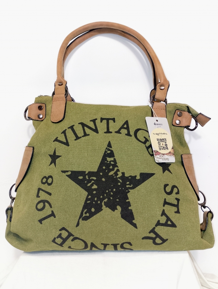 Bolso de Tela Vintage Star verde oliva con estampado de estrella y asas reforzadas – La Gata Voladora