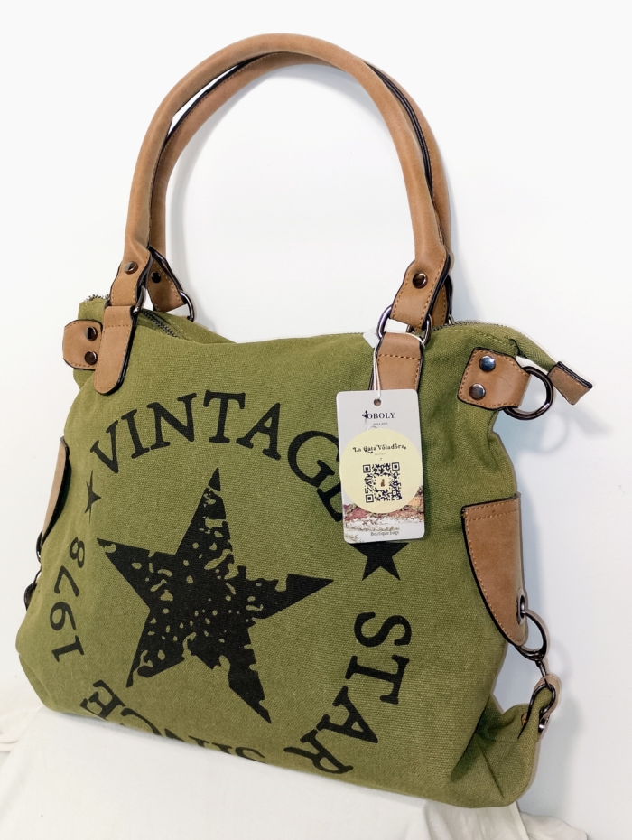 Bolso de Tela Vintage Star verde oliva con estampado de estrella y asas reforzadas – La Gata Voladora