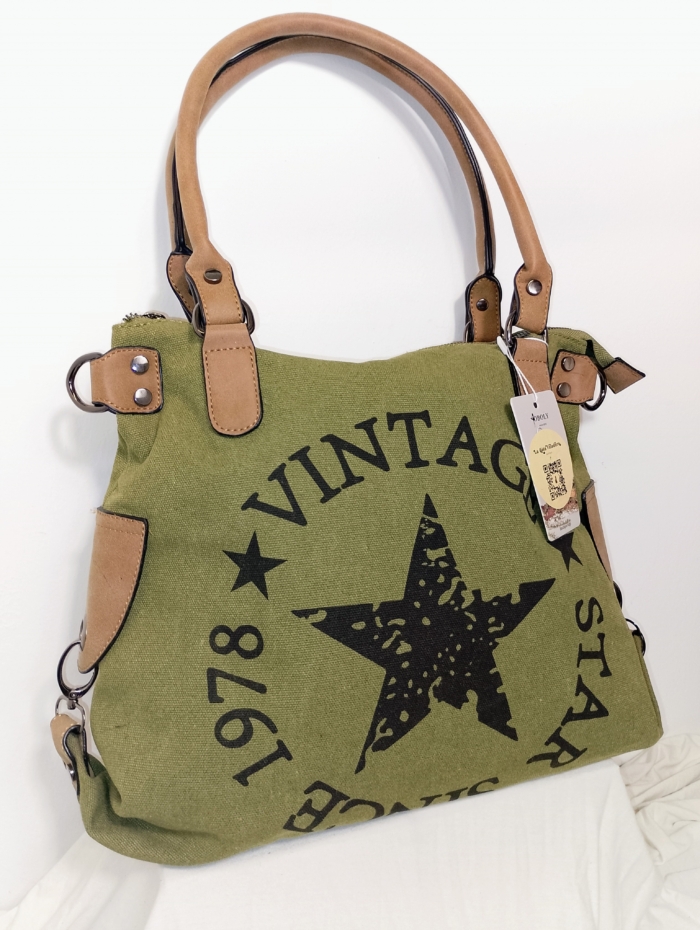 Bolso de Tela Vintage Star verde oliva con estampado de estrella y asas reforzadas – La Gata Voladora