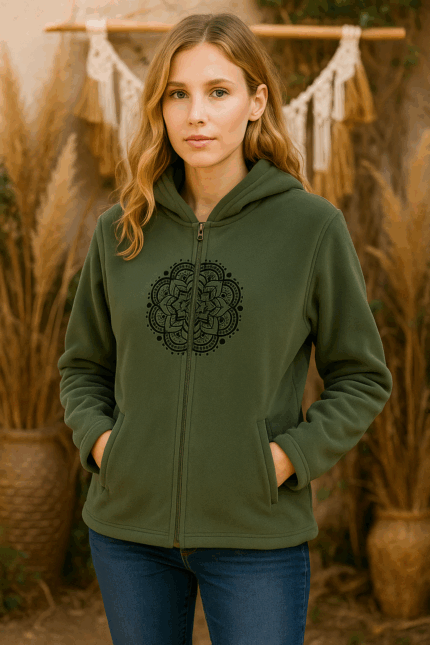 Chaqueta Forro Polar caqui bordado Mándala Coline - La Gata Voladora