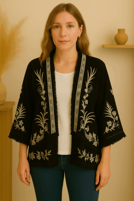 Chaqueta Kimono Sultana bordada de algodón boho – La Gata Voladora