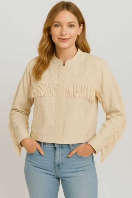 Chaqueta Olivia color crudo con bordados florales y flecos artesanales estilo boho – La Gata Voladora