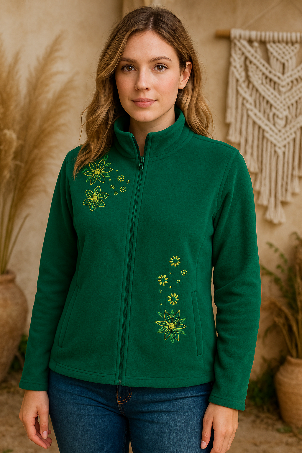 Chaqueta forro polar boho Flora marca Coline - La Gata Voladora (4) Forro Polar Flora esmeralda bordado flores Coline - La Gata Voladora