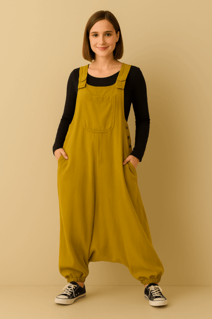 Peto Coline de algodón color mostaza con tirantes ajustables y bolsillos Boho – La Gata Voladora