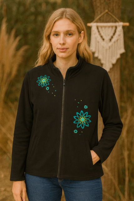 Forro Polar Astral Negro bordado flores Coline - La Gata Voladora