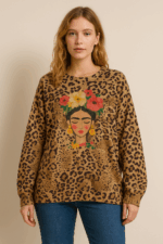 Jersey boho artístico con estampado de rostro femenino y flores sobre fondo animal print, estilo Frida Khalo - La Gata Voladora