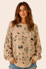 Jersey Funny Cats beige estampado gato jersey punto La Gata Voladora Alpujarra Almeria