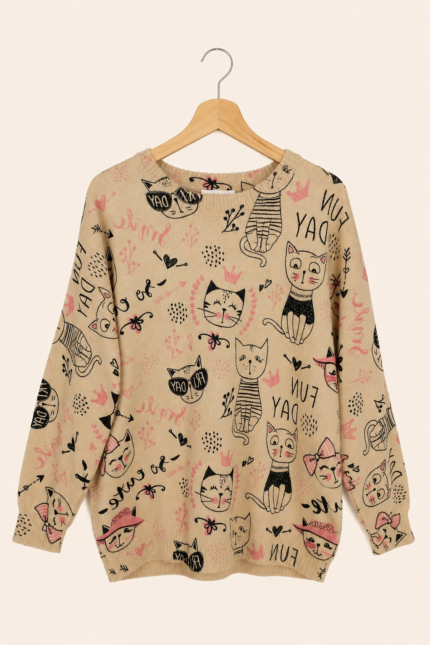 Jersey Funny Cats beige gatos estampados jersey punto La Gata Voladora Alpujarra Almeria