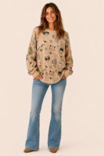 Jersey Funny Cats beige gato estampado jersey punto boho La Gata Voladora Alpujarra Almeria