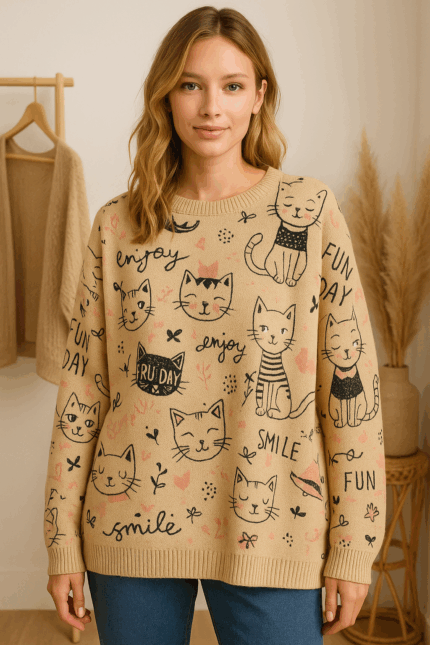 Jersey boho beige con ilustraciones divertidas de gatos y frases alegres - La Gata Voladora