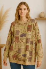 Jersey boho de punto con estampado patchwork de gatitos en tonos tierra y lavanda, diseño original - La Gata Voladora