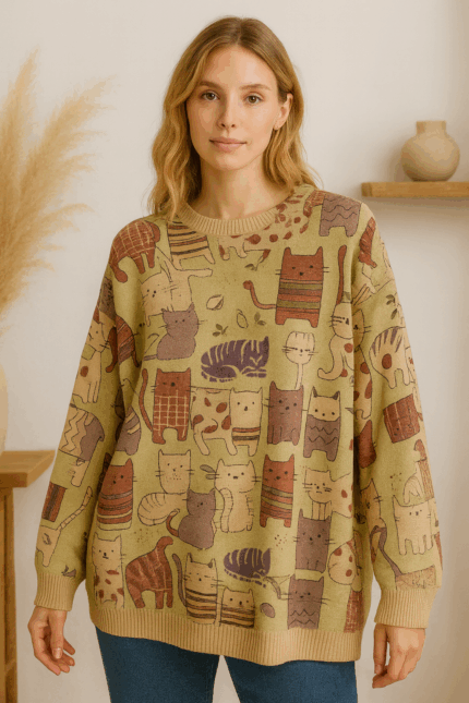 Jersey boho de punto con estampado patchwork de gatitos en tonos tierra y lavanda, diseño original - La Gata Voladora