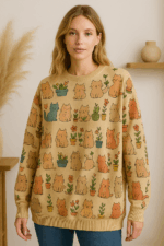 Jersey boho beige con estampado de gatos y macetas de flores, estilo dulce y natural - La Gata Voladora