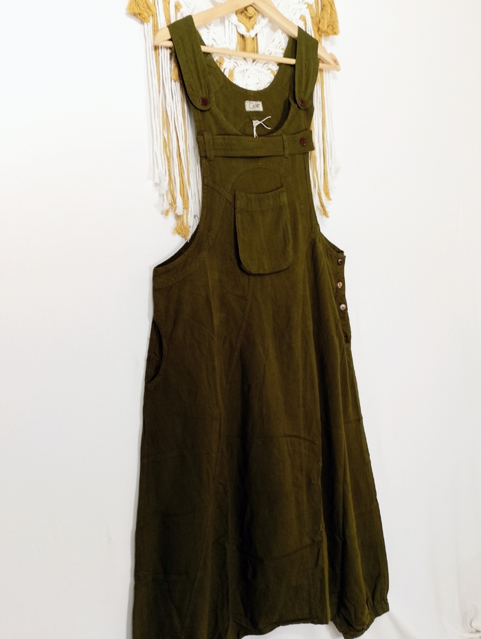 Peto Coline de algodón color verde militar con tirantes ajustables y bolsillos
