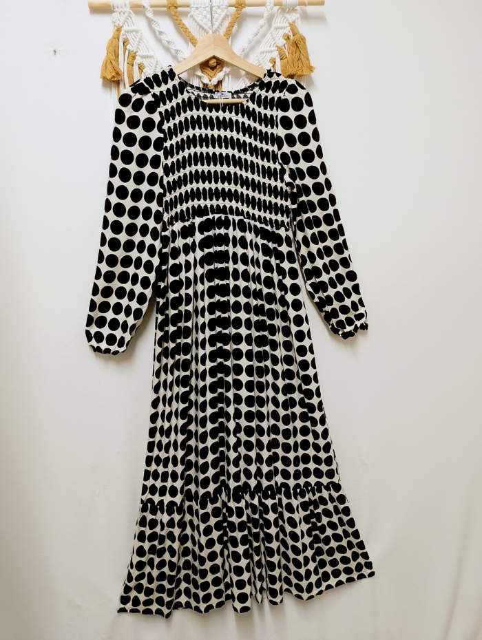 Vestido Manga Larga Luna con lunares negros, verdes o malva boho – tallas M/L y XL/XXL – La Gata Voladora