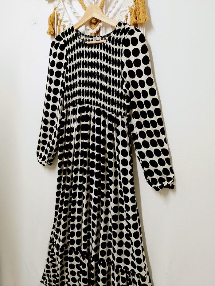 Vestido Manga Larga Luna con lunares negros, verdes o malva boho – tallas M/L y XL/XXL – La Gata Voladora
