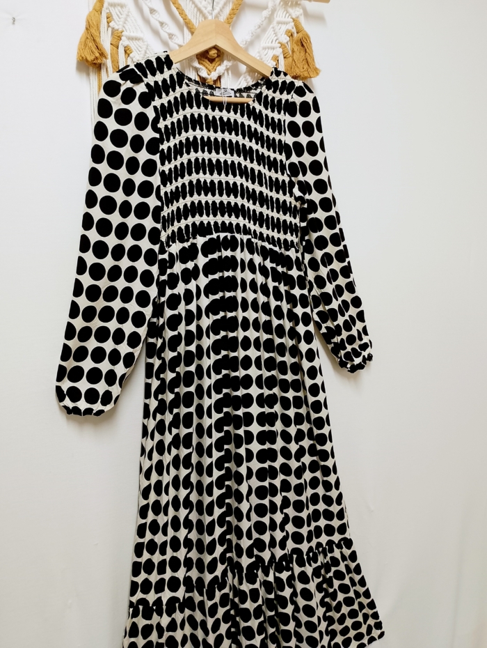 Vestido Manga Larga Luna con lunares negros, verdes o malva boho – tallas M/L y XL/XXL – La Gata Voladora