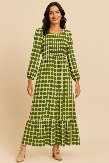 Vestido Manga Larga Luna con lunares negros, verdes o malva boho – tallas M/L y XL/XXL – La Gata Voladora