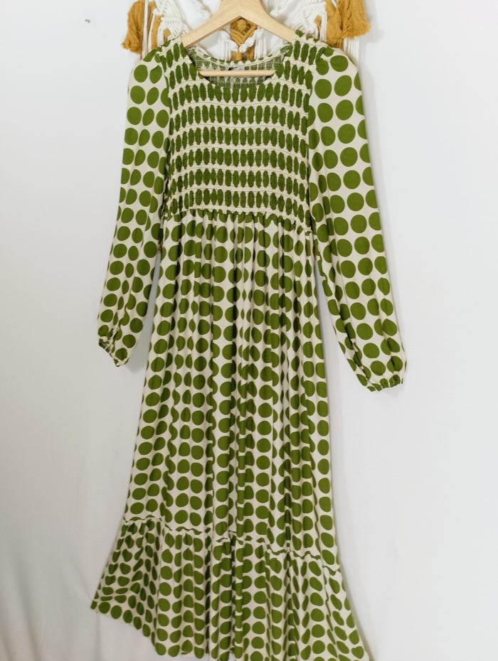 Vestido Manga Larga Luna con lunares negros, verdes o malva boho – tallas M/L y XL/XXL – La Gata Voladora